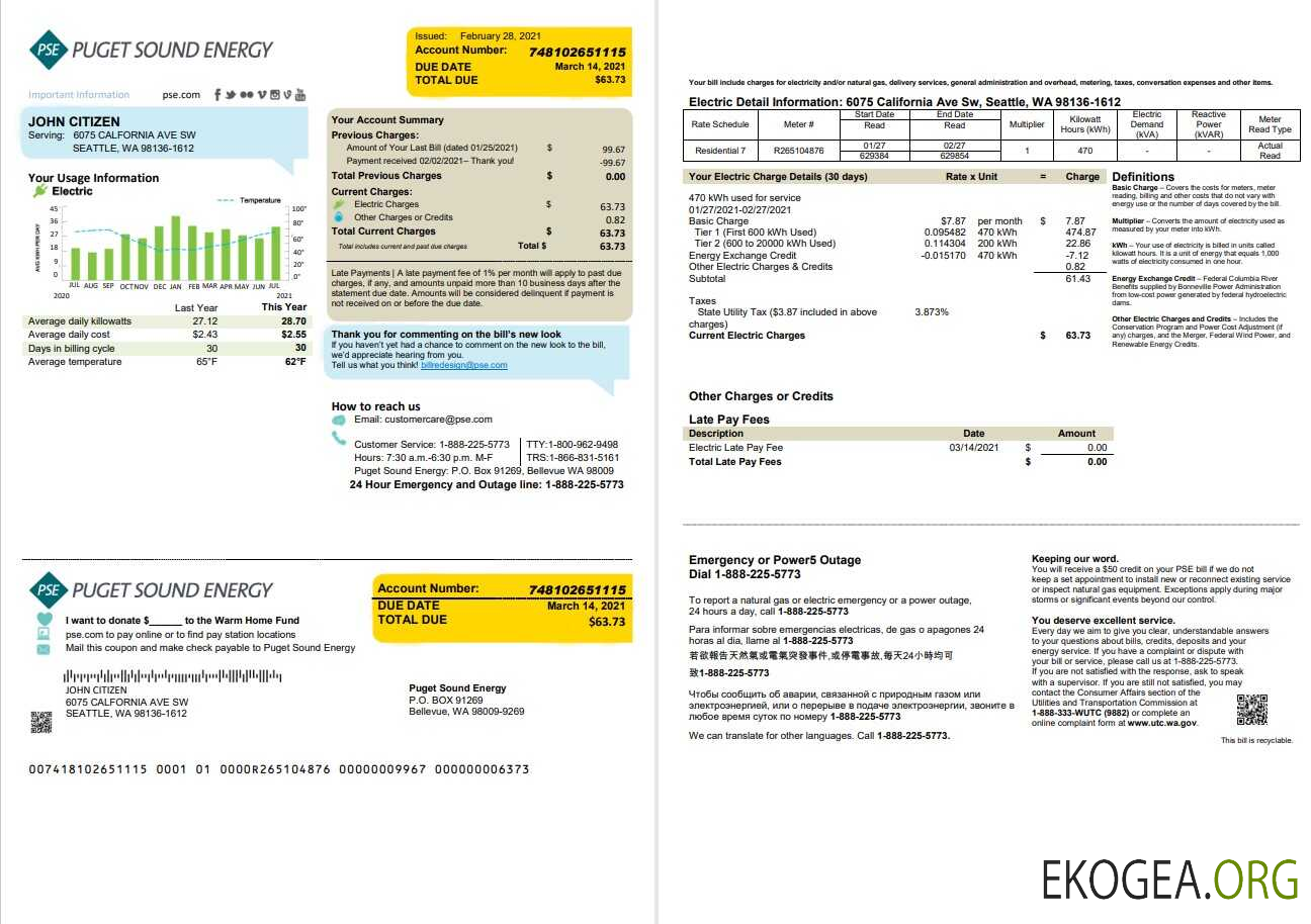USA Washington Puget Sound Energy utility bill template in Word and PDF format, 2 pages, version 2